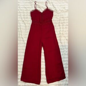 Lulus Leeta Wine Red Swiss Dot Lace Wide Leg Jump Suit